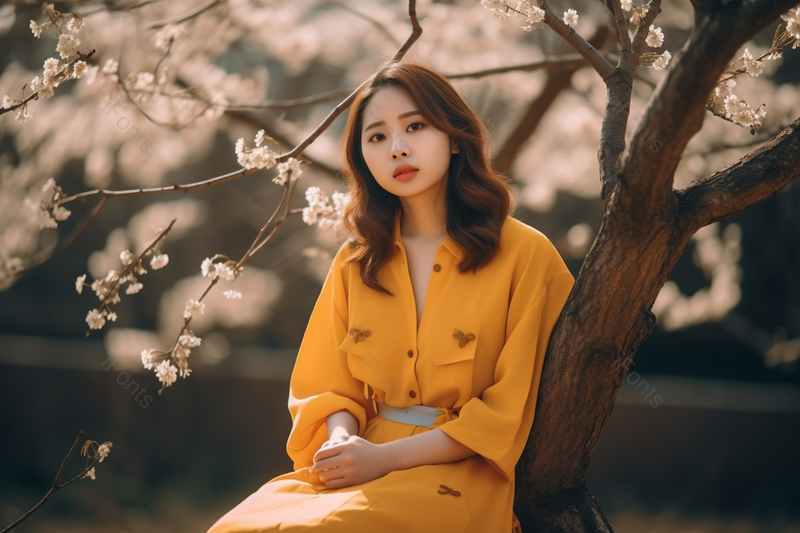 美丽优雅大方穿着橙色裙子坐在樱树下的女性女人摄影背景,高清,摄影图,摄影图片,图片大全,摄影图免费下载